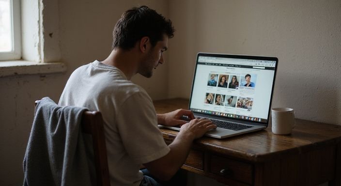 Een middelbare man werkt gefocust aan zijn laptop op een bureau. Een middelbare man zoekt gefocust op zijn laptop naar milf sexcontacten.
