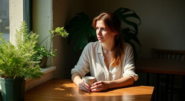 Een vrouw geniet van een rustige moment in een café. Een vrouw geniet van een rustige moment in een café.