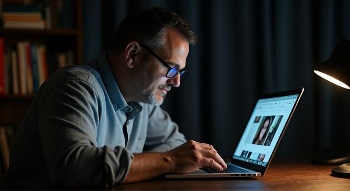 Een man met een laptop, verdiept in online daten. Een man met een laptop, verdiept in online daten.
