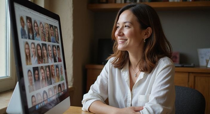 Een vrouw in een blouse werkt geconcentreerd aan haar computer. Een vrouw in een blouse kijkt geconcentreerd op haar computer naar milf sexcontacten.