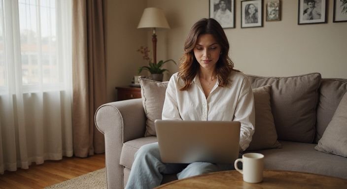 Een vrouw zit ontspannen op een bank met een laptop op schoot. Een vrouw zit ontspannen op een bank met een laptop op schoot.