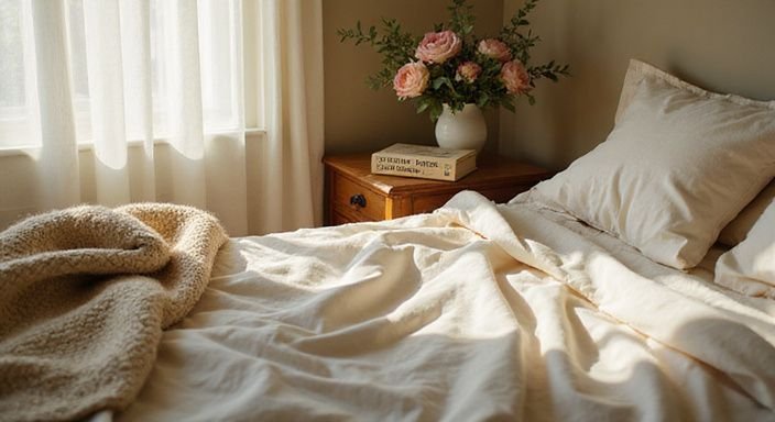 Een gezellig slaapkamerinterieur met een bed, bloemen en een boek. Een gezellig slaapkamerinterieur met een bed, bloemen en een boek.