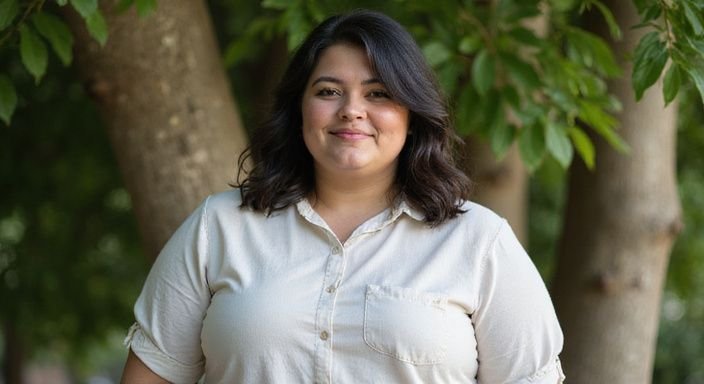 Een zelfverzekerde plus-size vrouw poseert ontspannen in de natuur. Een zelfverzekerde plus-size vrouw poseert ontspannen in de natuur.