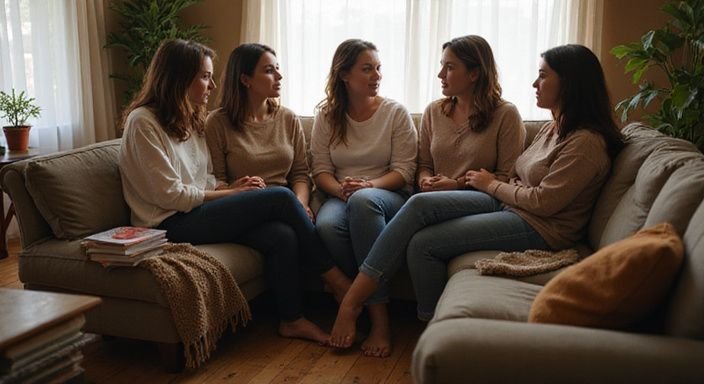 Vijf vrouwen zitten samen op een bank en voeren een diep gesprek. Vijf vrouwen zitten samen op een bank en voeren een diep gesprek over mollige vrouwen sexcontact.