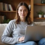 Een vrouw zit op de bank met een laptop op schoot
