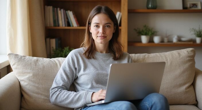 Een vrouw zit op de bank met een laptop op schoot. Een vrouw zit op de bank met een laptop op schoot en wil mollige vrouwen sexcontact.
