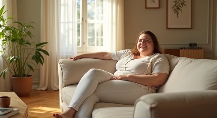 Een vrouw ontspant op een comfortabele sofa in een gezellige woonkamer. Een vrouw ontspant op een comfortabele sofa en wil mollige vrouwen sexcontact.