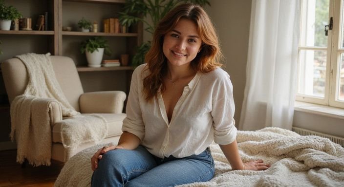 Een jonge vrouw zit ontspannen op de rand van haar bed. Een jonge vrouw zit ontspannen op de rand van haar bed.