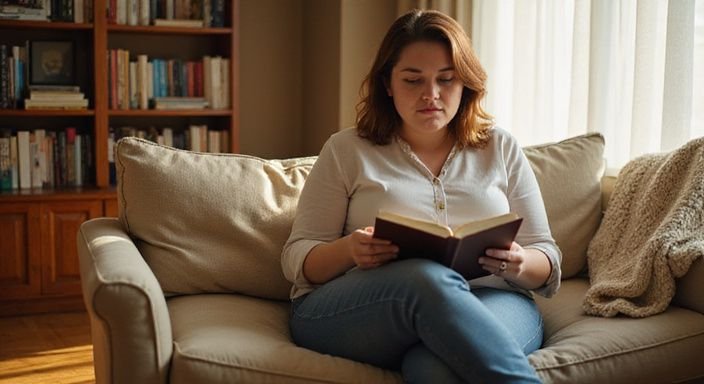 Een vrouw leest ontspannen op een gezellige bank in de woonkamer. Een vrouw leest ontspannen op een gezellige bank in de woonkamer.