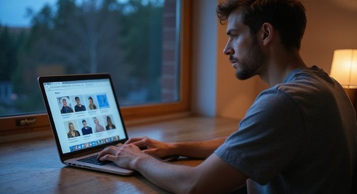 Een man werkt geconcentreerd aan zijn laptop aan een houten bureau. Een man werkt geconcentreerd aan zijn laptop aan een houten bureau