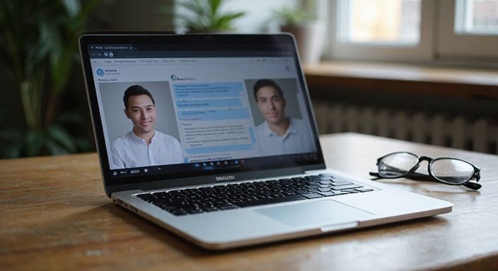 Moderne laptop met chatplatform, gefocust op privacy en beveiliging. Moderne laptop met chatplatform, gefocust op privacy en beveiliging