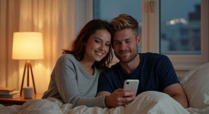 Een vrouw en man flirten op een datingapp in bed. Een vrouw en man neuken in je regio in bed