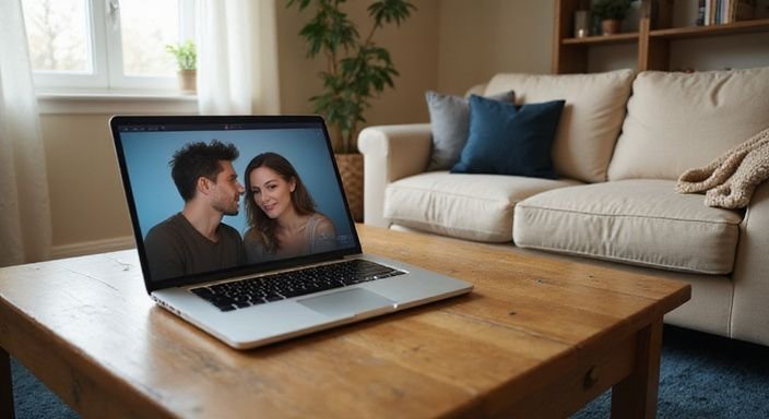 Een gezellige woonkamer met een laptop en flirterige berichtjes. Een gezellige woonkamer met een laptop en flirterige berichtjes voor neuken in je regio.