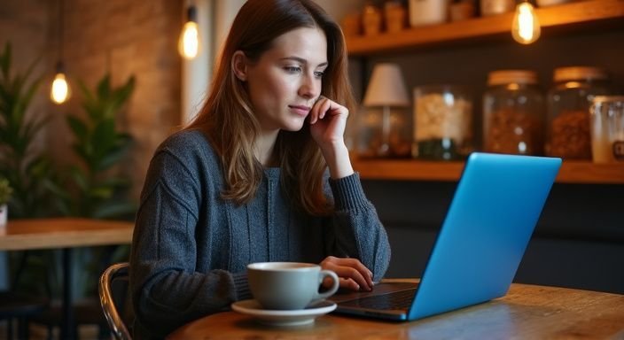 Een vrouw in een café werkt geconcentreerd op haar laptop. Een vrouw in een café werkt geconcentreerd op haar laptop