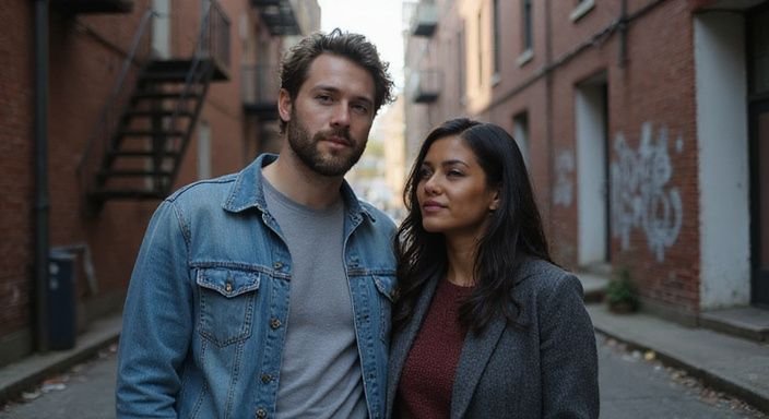 Twee personen delen een intiem moment in een smalle steeg. Twee personen delen een intiem moment in een smalle steeg