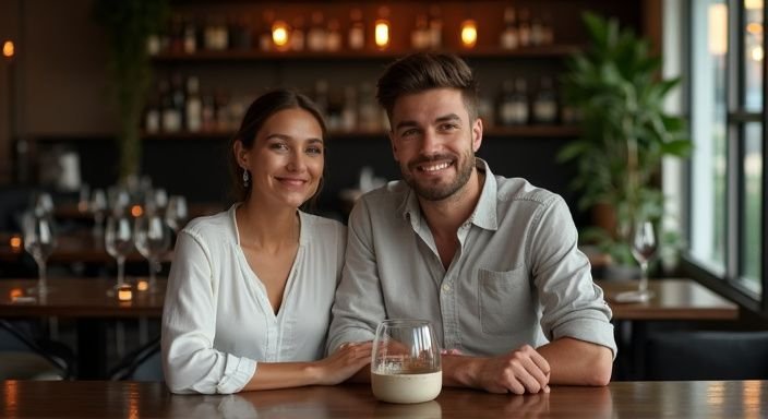 Een man en vrouw genieten van een gesprek in een chique restaurant. Een man en vrouw genieten van een gesprek in een chique restaurant.