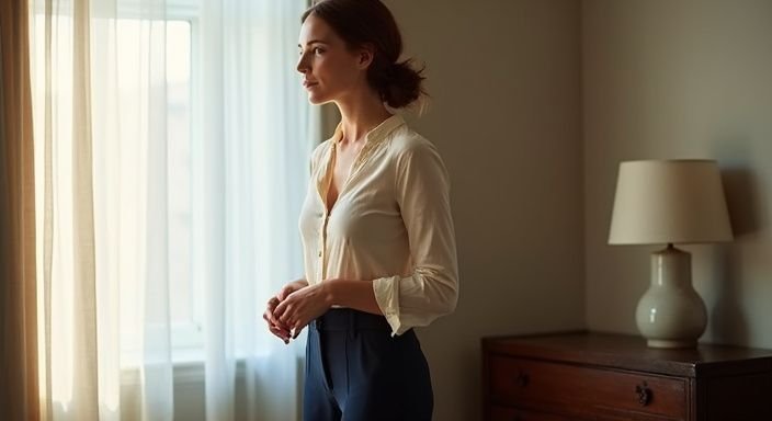 Een vrouw in een hotelkamer kijkt rustig en afwachtend. Een vrouw in een hotelkamer kijkt rustig en afwachtend.