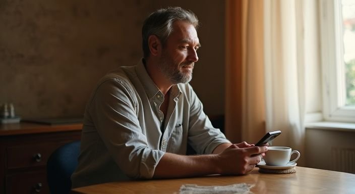 Een middelbare man leest geconcentreerd op zijn smartphone aan een tafel. Een middelbare man zoekt geconcentreerd op zijn smartphone naar Sexcontact Eindhoven