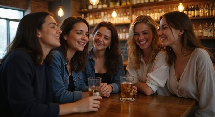 Vijf vrouwen genieten van een gezellige avond in een bar. Vijf vrouwen genieten van Sexcontact Eindhoven in een bar.