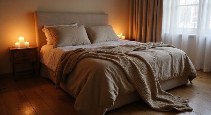 Een sfeervolle slaapkamer met luxe beddengoed en warme decoratie. Een sfeervolle slaapkamer met luxe beddengoed en warme decoratie.