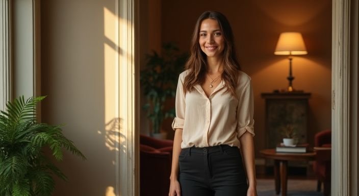 Een jonge vrouw begroet vriendelijk in een intieme receptieruimte. Een jonge vrouw begroet vriendelijk in een intieme receptieruimte.
