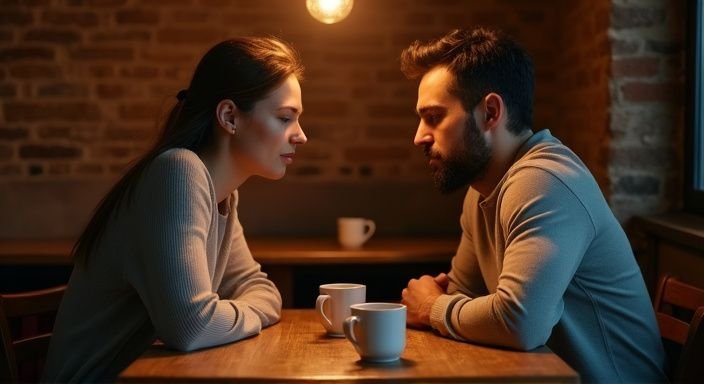 Een man en vrouw delen een intiem gesprek in een café. Een man en vrouw delen een intiem gesprek in een café tijdens Sexcontact in Eindhoven.