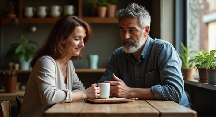 Een vrouw en man plannen samen aan een houten café tafel. Een vrouw en man plannen samen aan een houten café tafel.