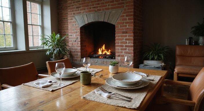 Een gezellige woonkamer met een open haard en een gedekte tafel. Een gezellige woonkamer met een open haard en een gedekte tafel.