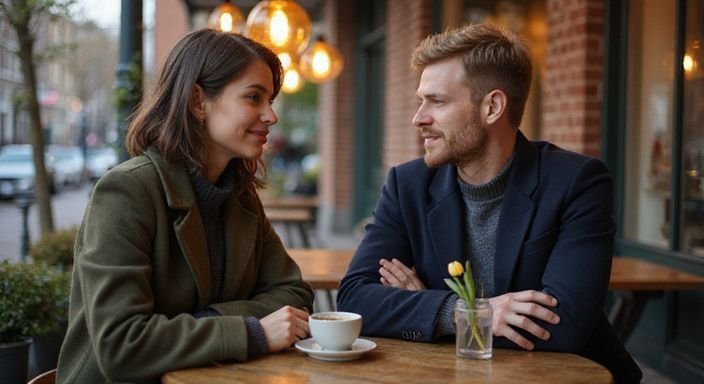 Een man en vrouw genieten samen van koffie in een cafe. Een man en vrouw genieten samen van hun sexdate in Amsterdam.