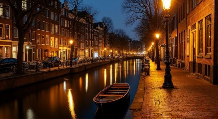 Een serene nachtfoto van de iconische grachten van Amsterdam. Een serene nachtfoto van de iconische grachten van Amsterdam.