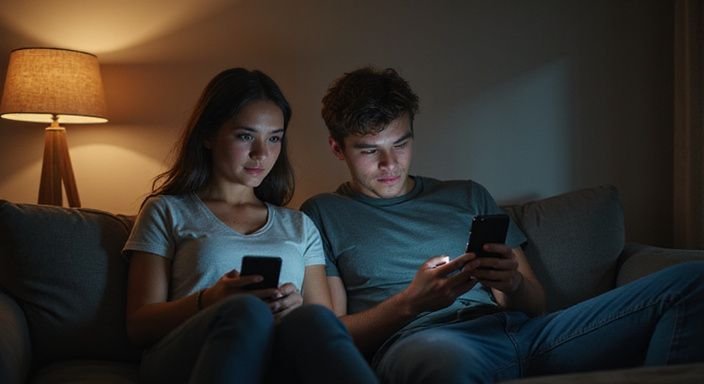 Twee jonge volwassenen zitten ontspannen samen op een grijze bank.