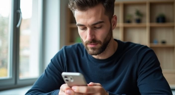 Een man in een navy sweater zoekt geconcentreerd op zijn smartphone naar een sexdate voor gay.