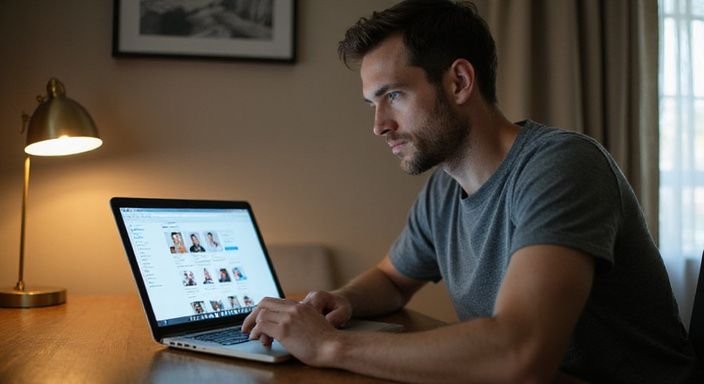 Een man kijkt gefocust naar datingwebsites voor een sexdate met gay op zijn laptop.