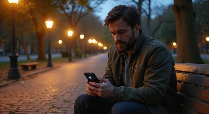 Een man op een bank kijkt geconcentreerd naar zijn smartphone naar sexdate gay.