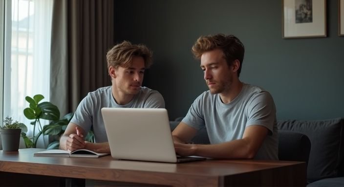 Twee jonge mannen zitten aan een modern bureau met een laptop.