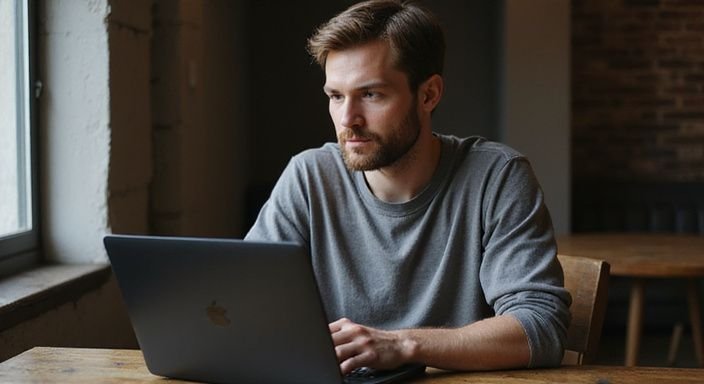 Een man kijkt op zijn laptop in een café.