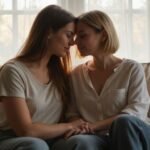 Twee vrouwen zitten intiem op een beige bank in de woonkamer