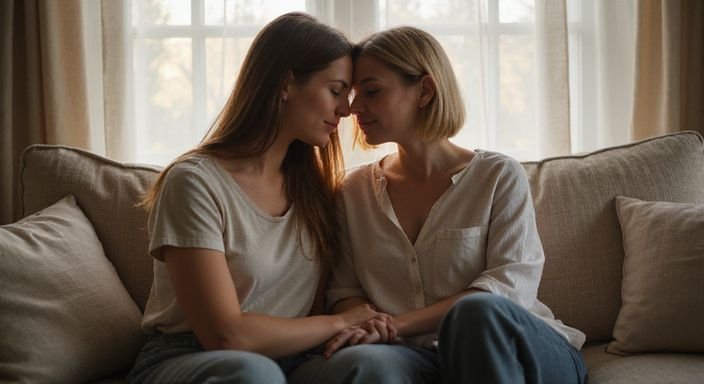 Twee vrouwen zitten intiem op een beige bank in de woonkamer.