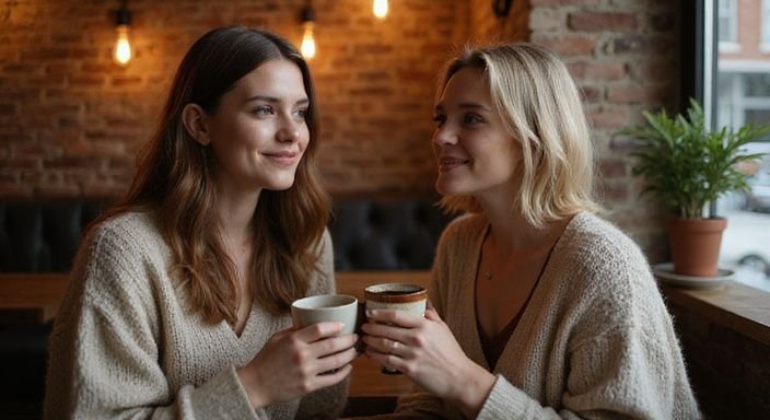 Twee vrouwen genieten van een sexdate met lesbische vrouwen en gesprek in een sfeervol café.