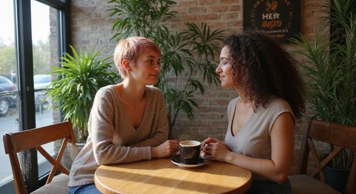 Twee vrouwen genieten van koffie en gesprek in een gezellige caféhoek.