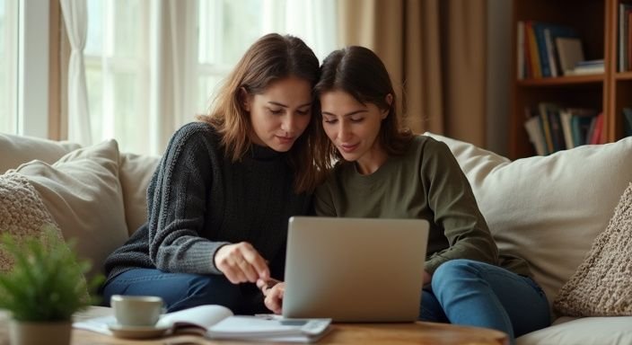 Twee vrouwen werken samen aan een laptop in een gezellige woonkamer.