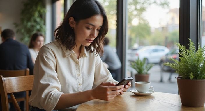 Een vrouw in een café kijkt geconcentreerd naar haar smartphone.