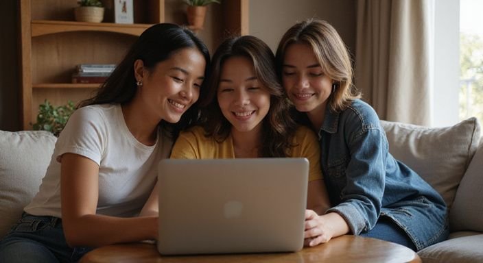 Een groep lesbische vrouwen ontdekt samen datingapps voor een sexdate met lesbische vrouwen op een laptop.