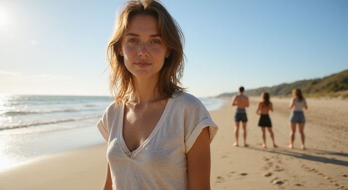 Een vrouw staat op het strand, omringd door vrienden in casual kleding.
