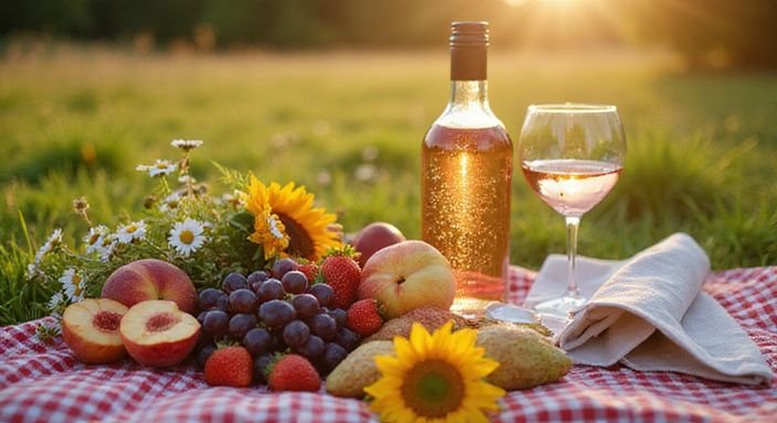 Een ontspannen picknick met fruit, wijn en bloemen op een kleed.