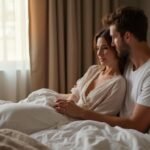 Een ontspannen stel in een gezellige slaapkamer met intieme voorwerpen