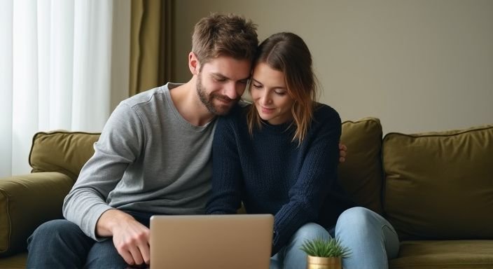Een man en vrouw verkennen samen sexdate met stellen op een laptop.