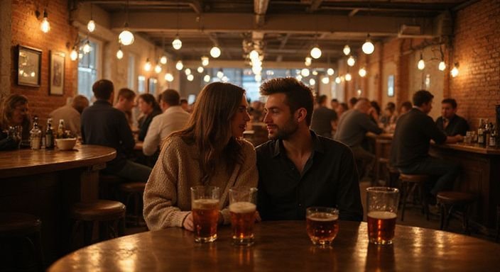 Drukke stadsbar met mensen die genieten van sociale interactie.