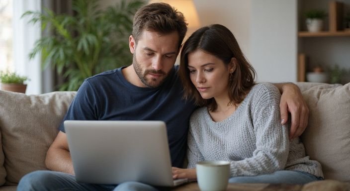 Een man en vrouw bekijken samen een datingsapp op een laptop.