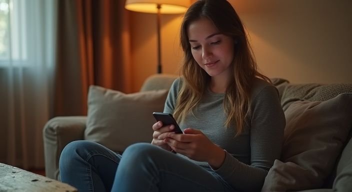 Een vrouw in een comfortabele woonkamer, gefocust op haar smartphone.